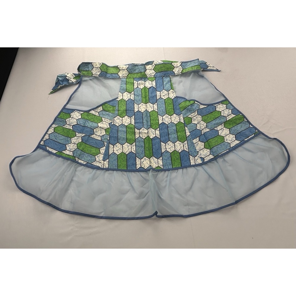 Vintage 50s 60s Hostess Half Apron Sheer Blue Green Geometric Tie Waist Handmade